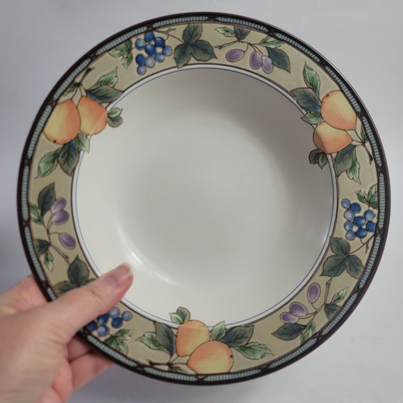 TWO Mikasa Intaglio Garden Harvest Rim Soup Bowls Fruit and Leaves on Rim - Picture 2 of 13